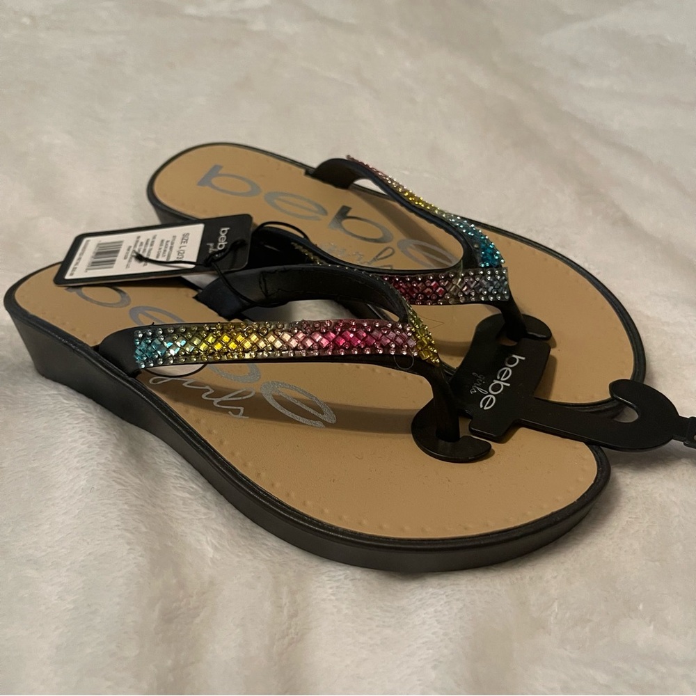 Bebe Girls 2/3 Black and Rainbow Gem Wedge Sandals